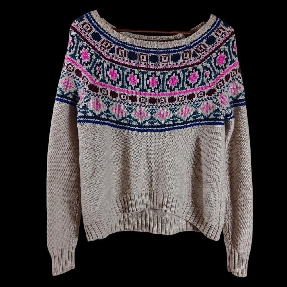 American Eagle M Wool Blend Aztec Fair Isle Sweater Boho Y2K High Low Pullover - Picture 3 of 7